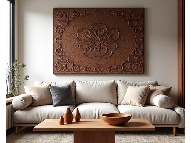 A cozy living room featuring a large, intricately carved wooden wall art piece above a sofa, with smaller wooden sculptures on a coffee table, adding warmth and sophistication. Soft ambient lighting highlights the wood grain.