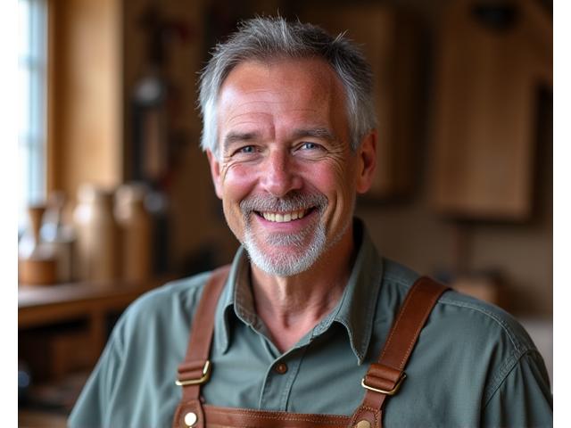 Portrait of Master Woodcrafter, Elias Vance, smiling in his workshop