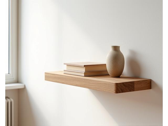 Sturdy hardwood floating wooden shelves in a modern living room