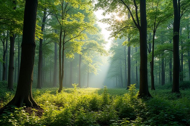 Lush, responsibly managed forest with sunlight filtering through trees
