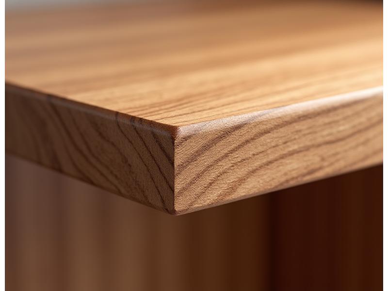 Close-up of natural wood grain flowing into a sharp, geometric edge of a modern wooden table