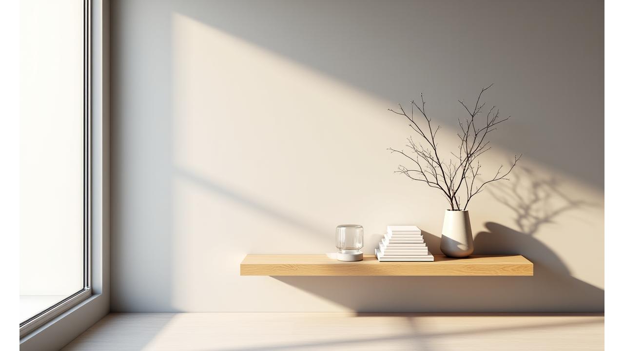Sleek, minimalist wooden shelf with clean lines and a few carefully placed modern decor items, illuminated by soft natural light