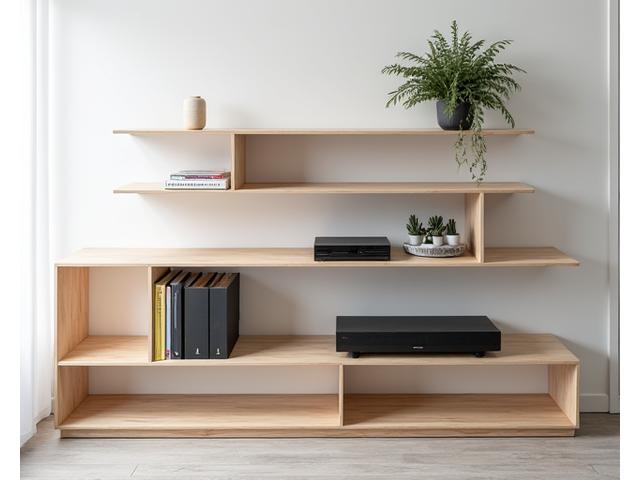 Modular wooden shelving unit with adjustable panels, showcasing electronics and books