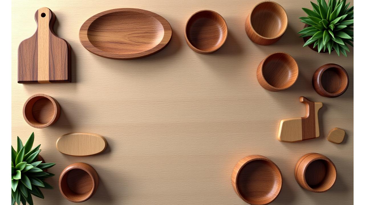 Variety of handcrafted wooden products on a warm-toned display