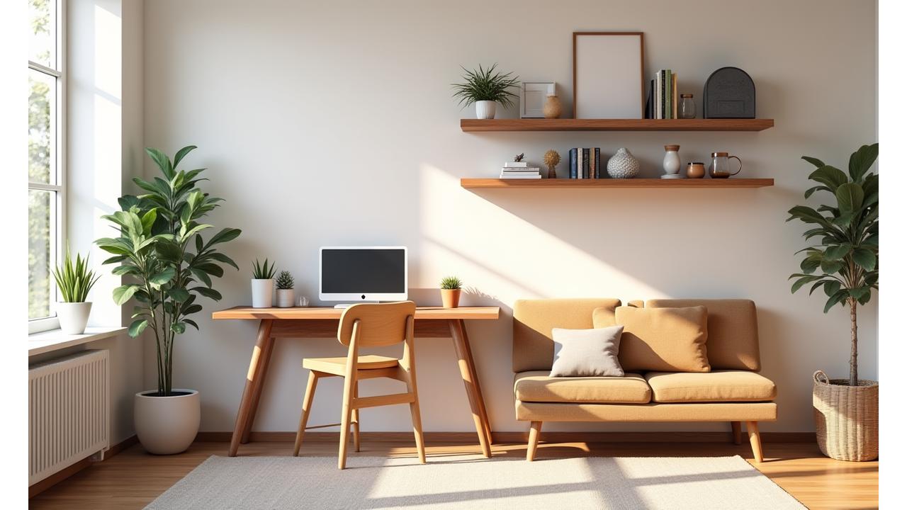 A beautifully organized small living room featuring floating wooden shelves, a compact desk, and clever storage solutions, transforming a cluttered space into a serene, functional area.