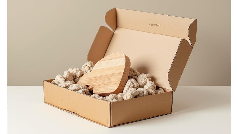 A neatly packed wooden item in a shipping box with natural protective materials, ready for dispatch.