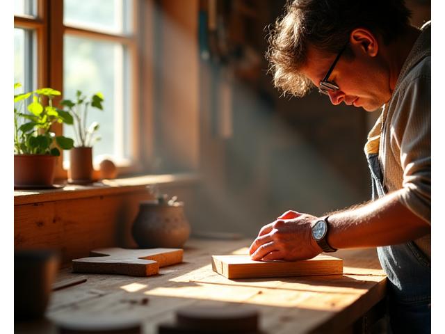 Artisan working diligently in a sunlit woodworking shop, surrounded by natural wood and tools, symbolizing dedicated support.